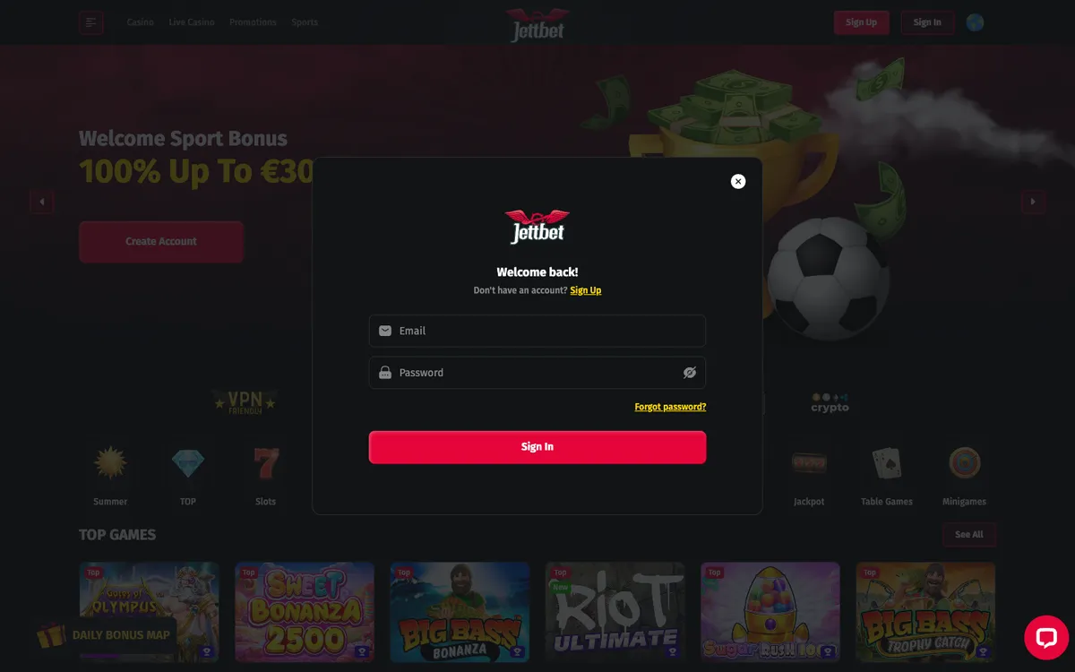 JettBet Casino — Sign-up, captured from Switzerland