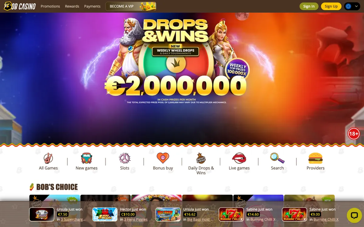 Bob Casino — Home page, captured from Norway