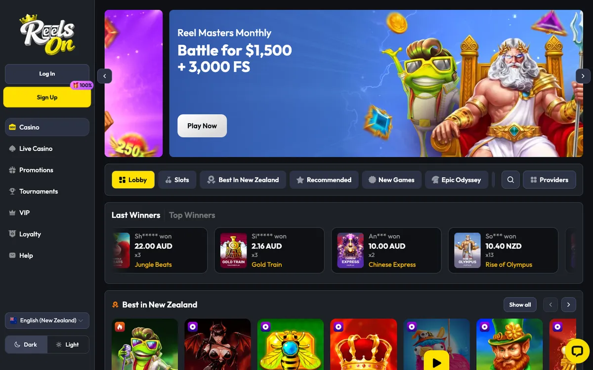ReelsOn Casino — Home page, captured from New Zealand