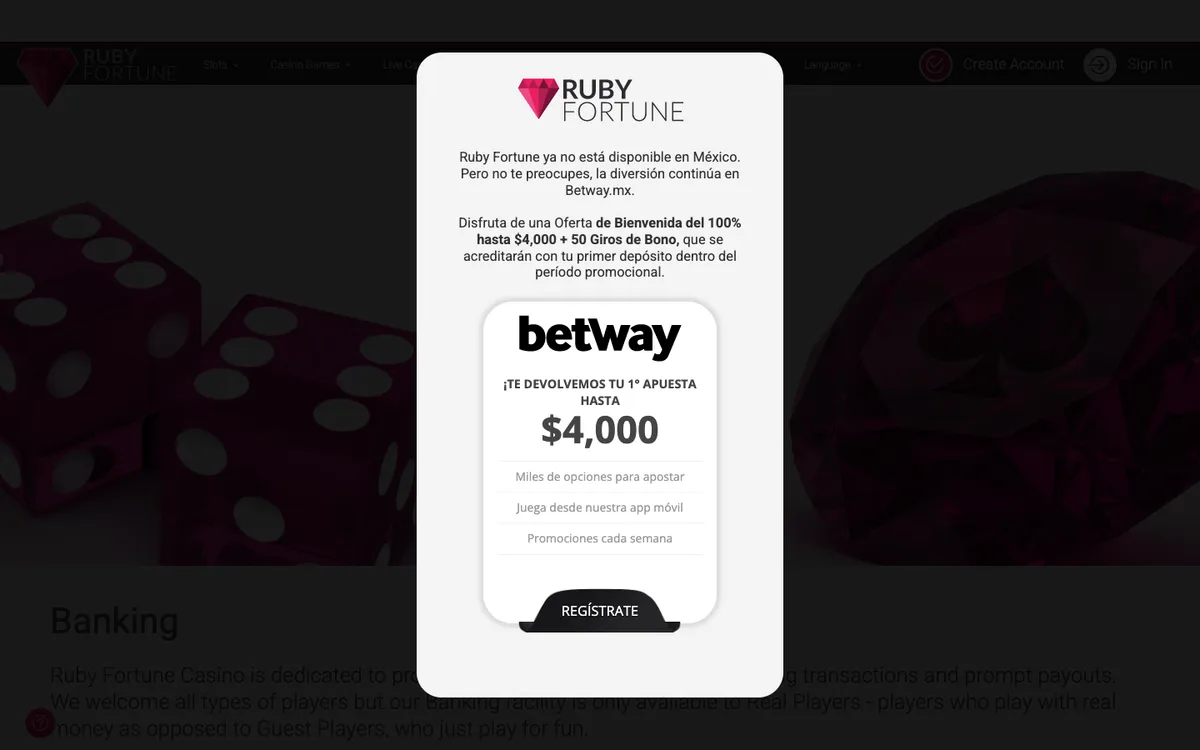 Ruby Fortune Casino — Payments, captured from Mexico