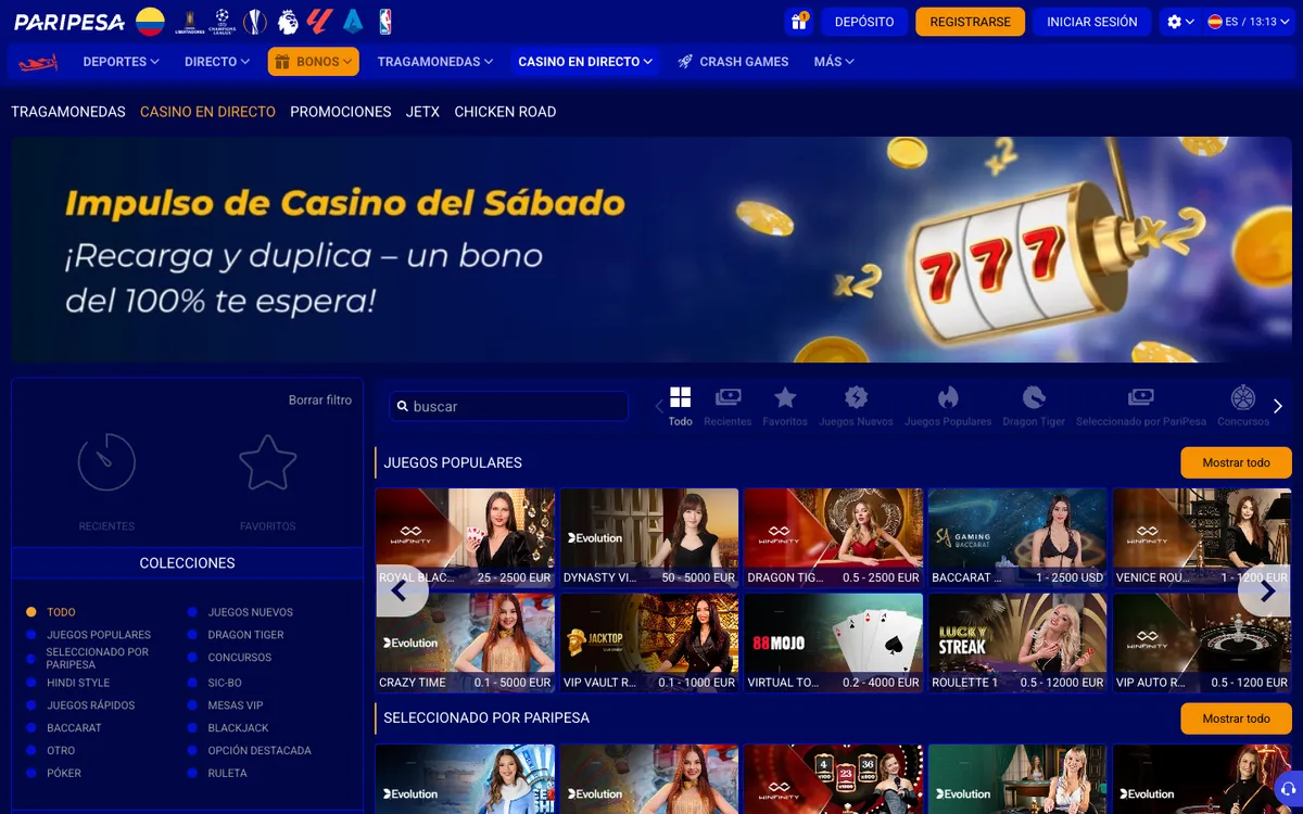 Paripesa Casino — Home page, captured from Colombia