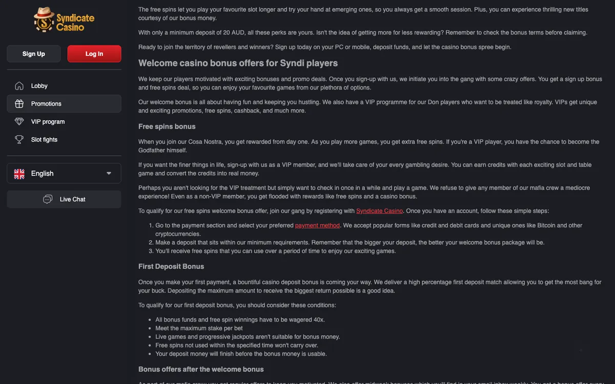 Syndicate Casino — Promotions, captured from Norway