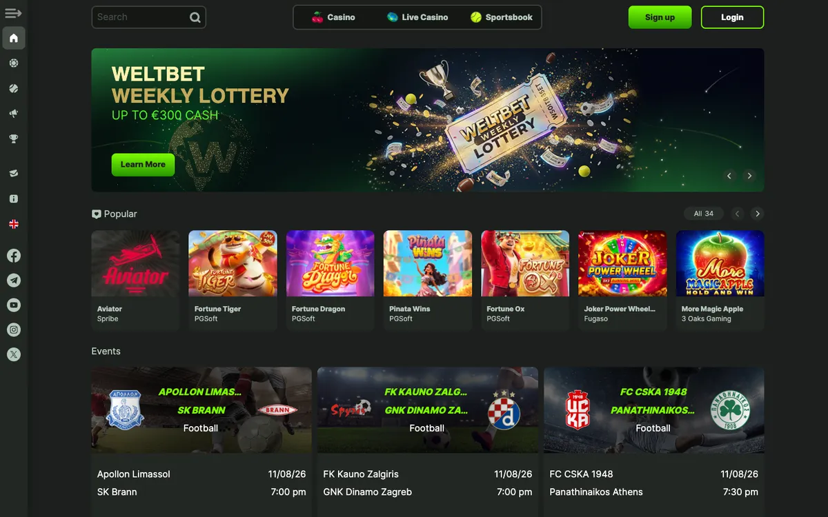 WeltBet Casino — Home page, captured from Italy