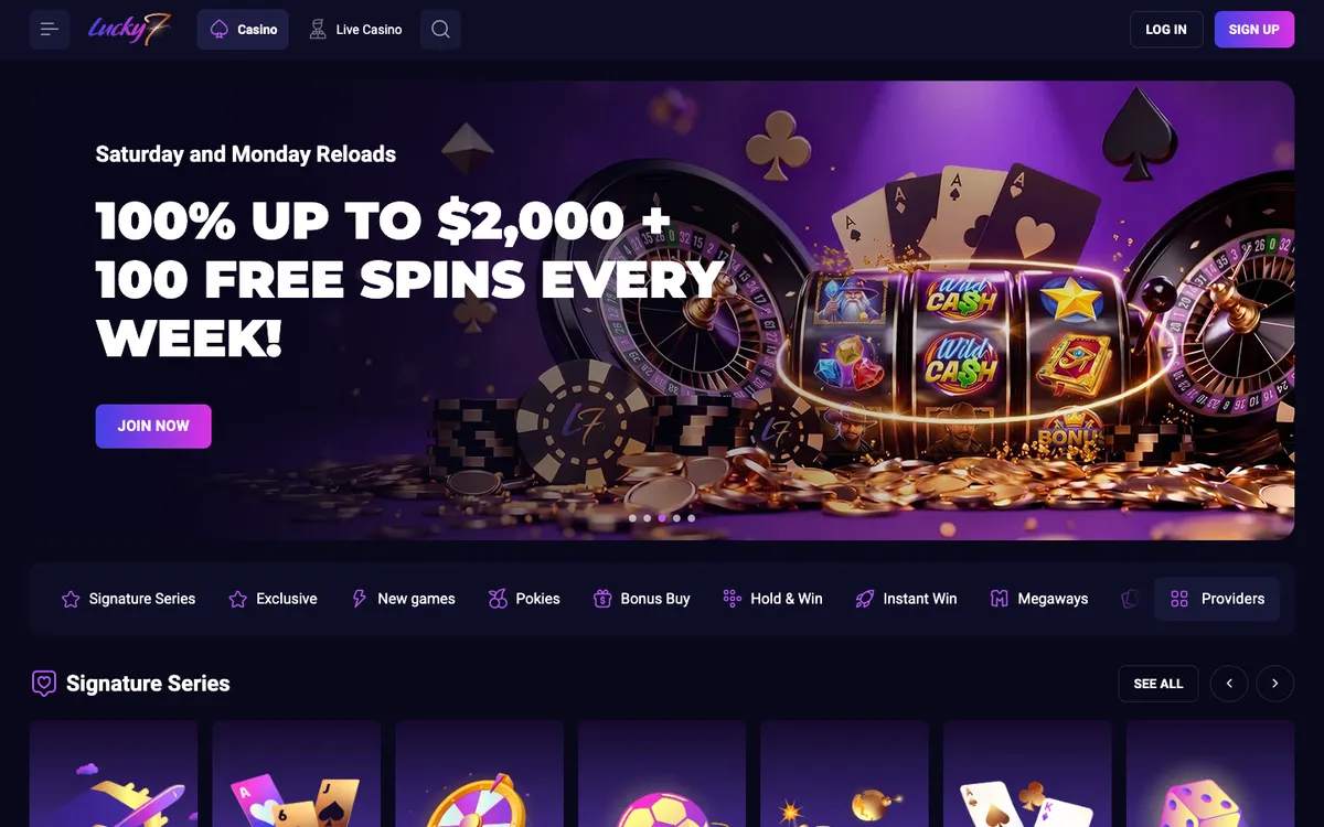 Lucky7even Casino — Home page, captured from Australia
