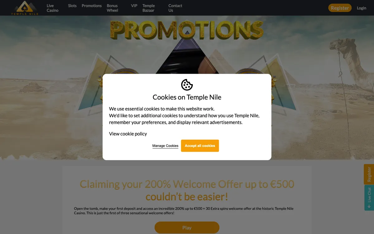 Temple Nile Casino — Promotions, captured from Norway