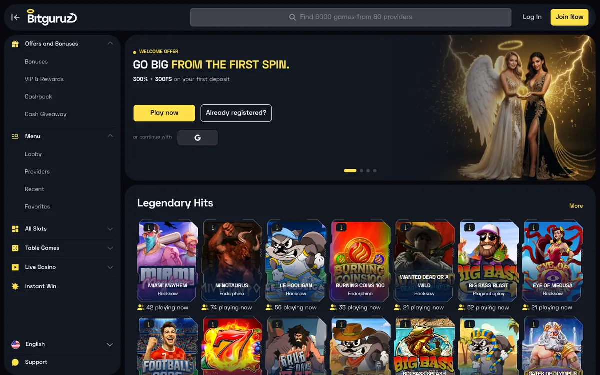 Bitguruz Casino — Home page, captured from Belgium