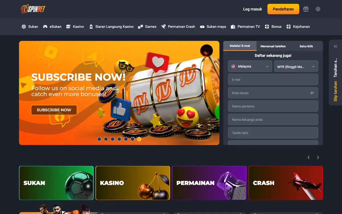 JVSPINBET Casino — Home page, captured from Malaysia