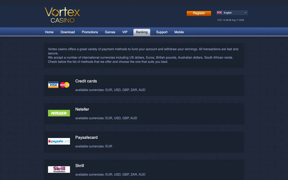 Vortex Casino — «Платежи», снято из страны Австралия