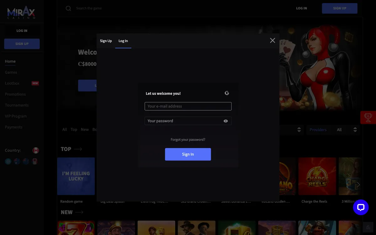 Mirax Casino — «Регистрация», снято из страны Канада