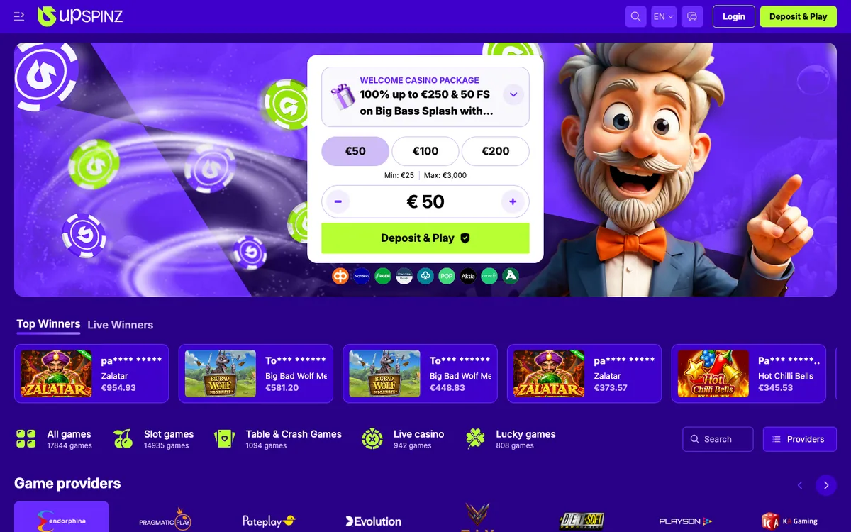 UpSpinz Casino — Home page, captured from Finland