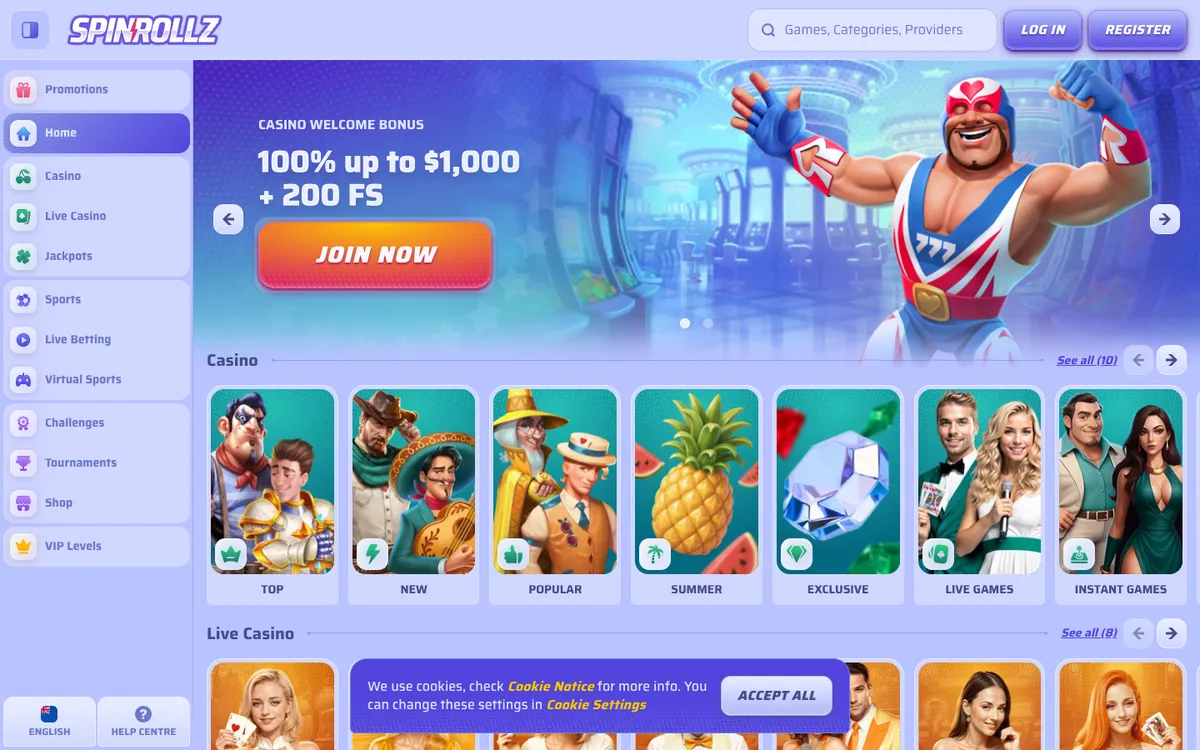 Spinrollz Casino — «Главная», снято из страны Новая Зеландия