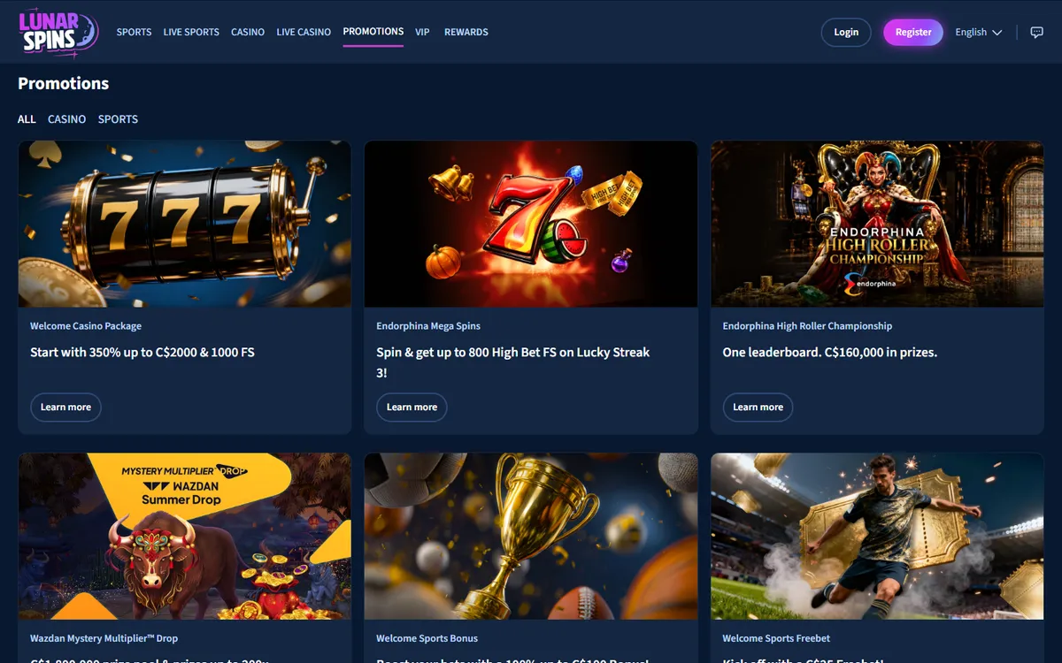 Lunarspins Casino — «Акции», снято из страны Канада