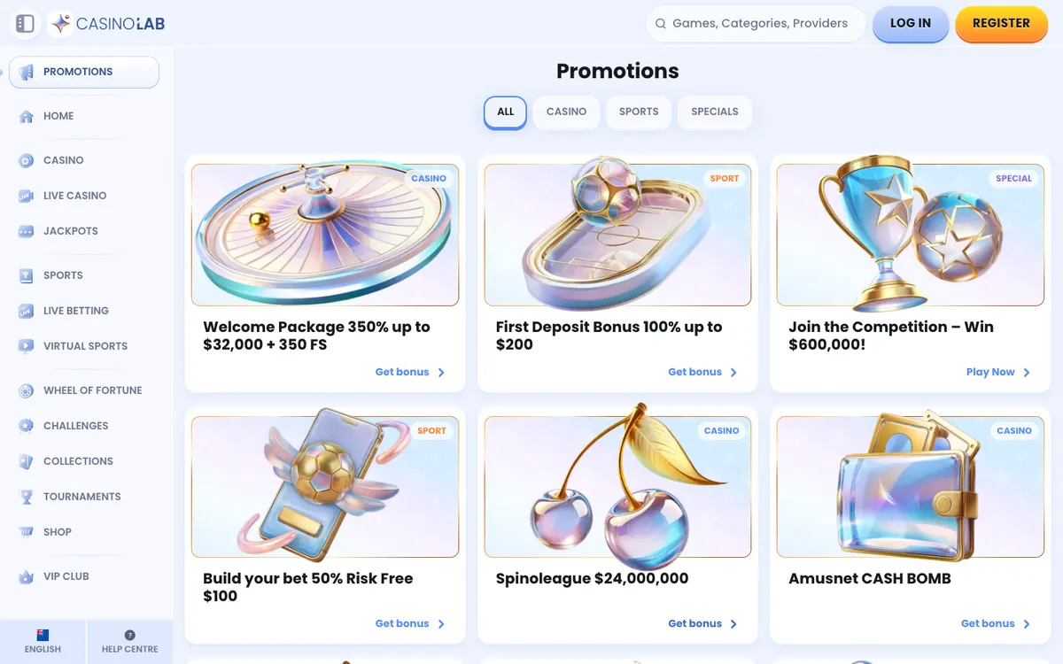 CasinoLab — «Акции», снято из страны Новая Зеландия