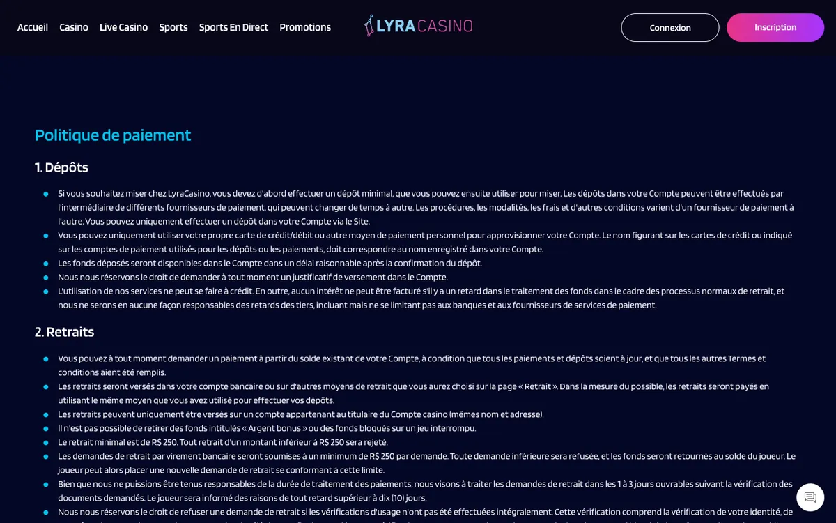 LyraCasino — Payments, captured from France
