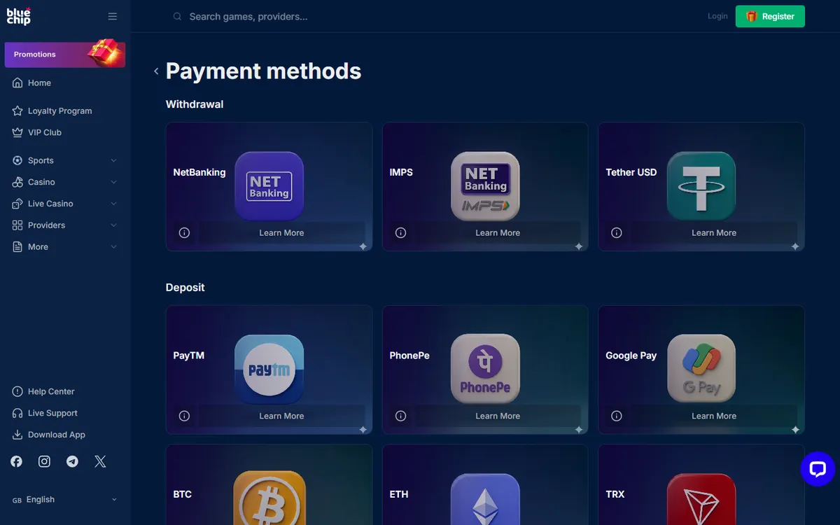 BlueChip Casino — Payments, captured from Canada