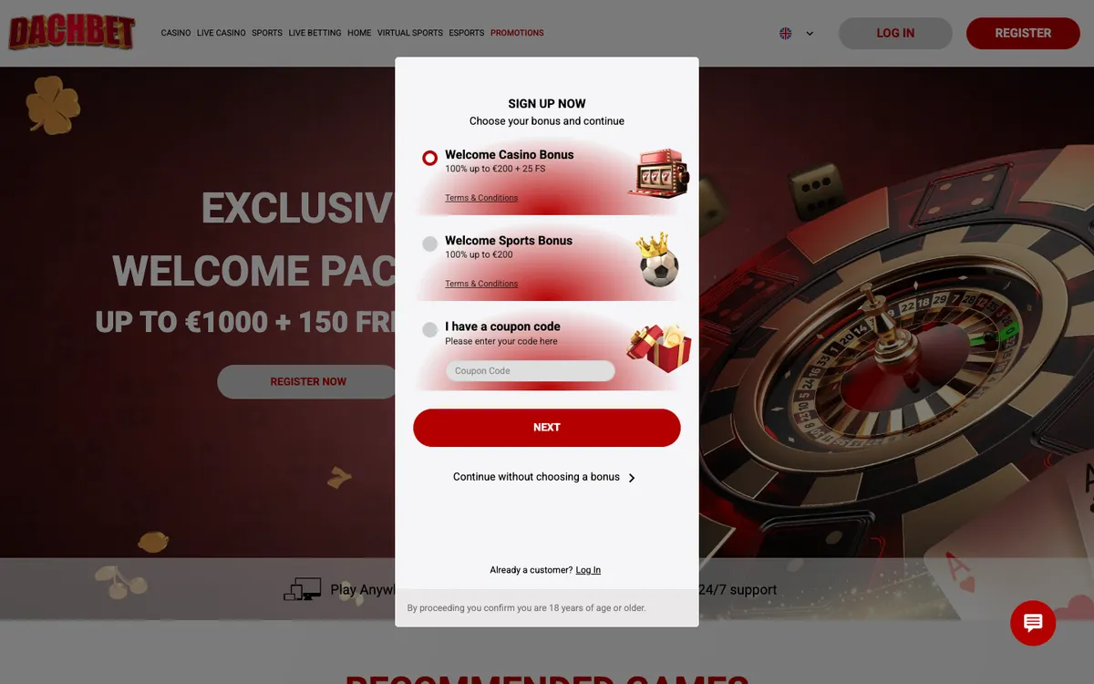 Dachbet Casino — Sign-up, captured from South Africa