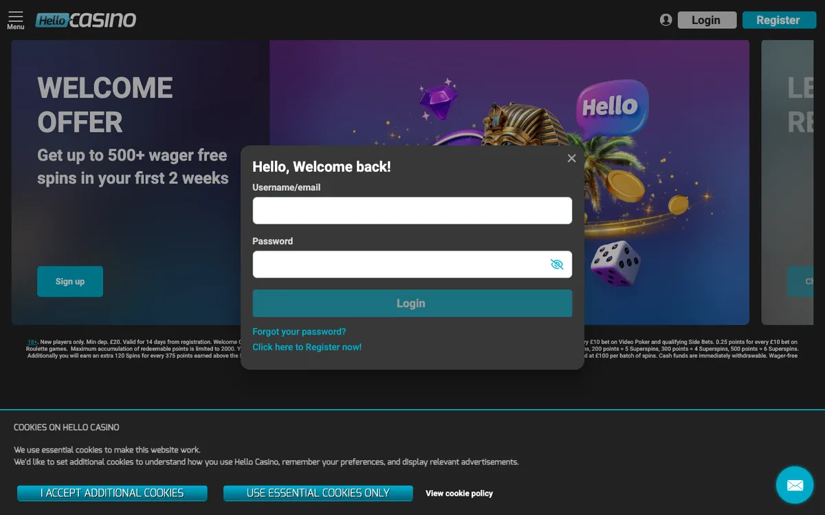 Hello Casino — «Регистрация», снято из страны Великобритания
