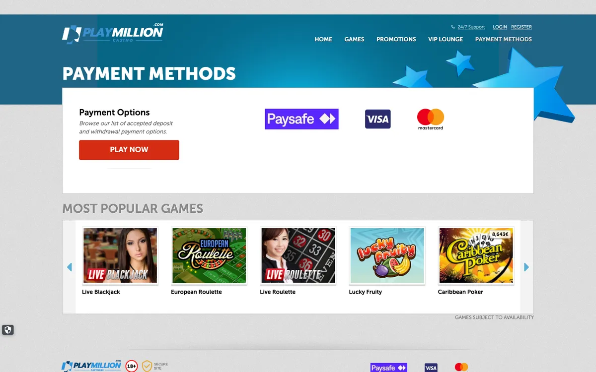 Play Million Casino — Payments, captured from Slovenia