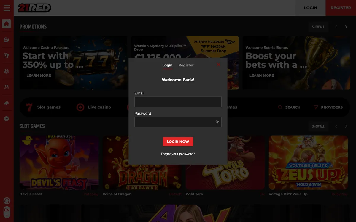 21.red Casino — Sign-up, captured from Belgium