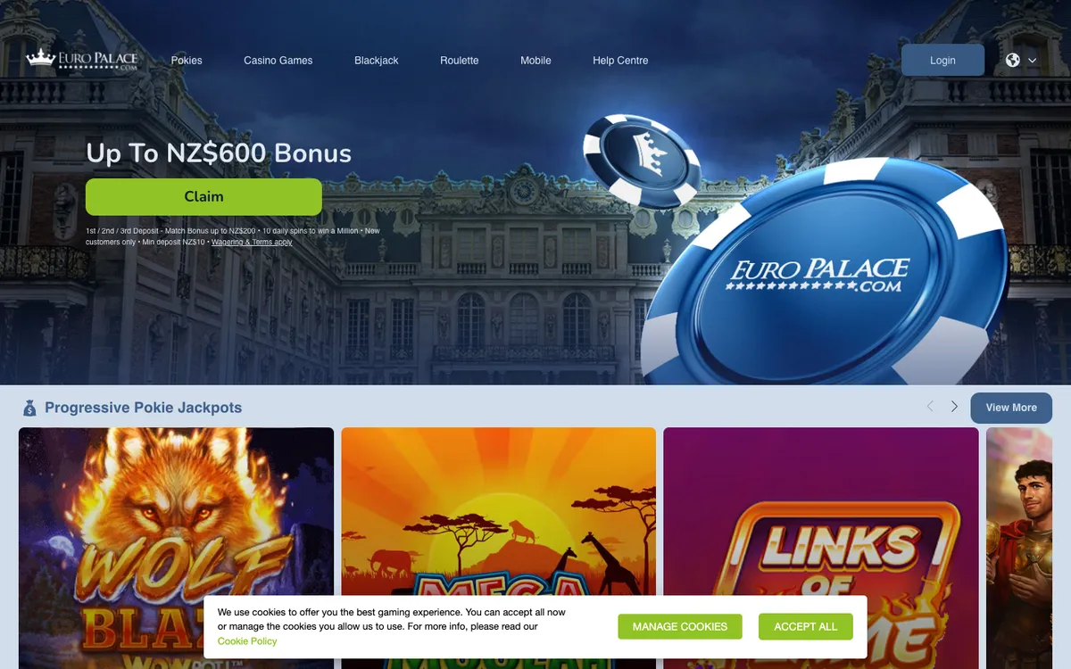 Euro Palace Casino — Home page, captured from New Zealand