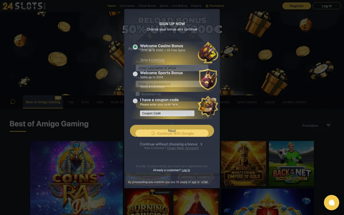 24Slots Casino — Sign-up, captured from Singapore