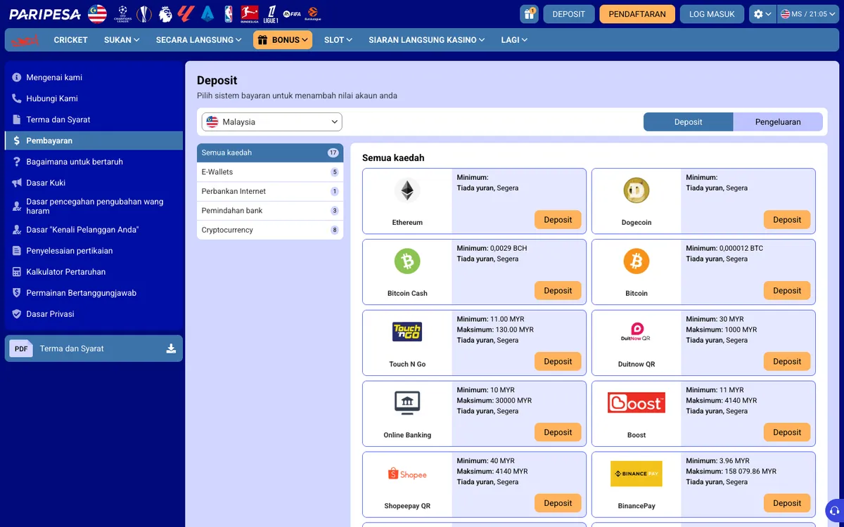 Paripesa Casino — Payments, captured from Malaysia