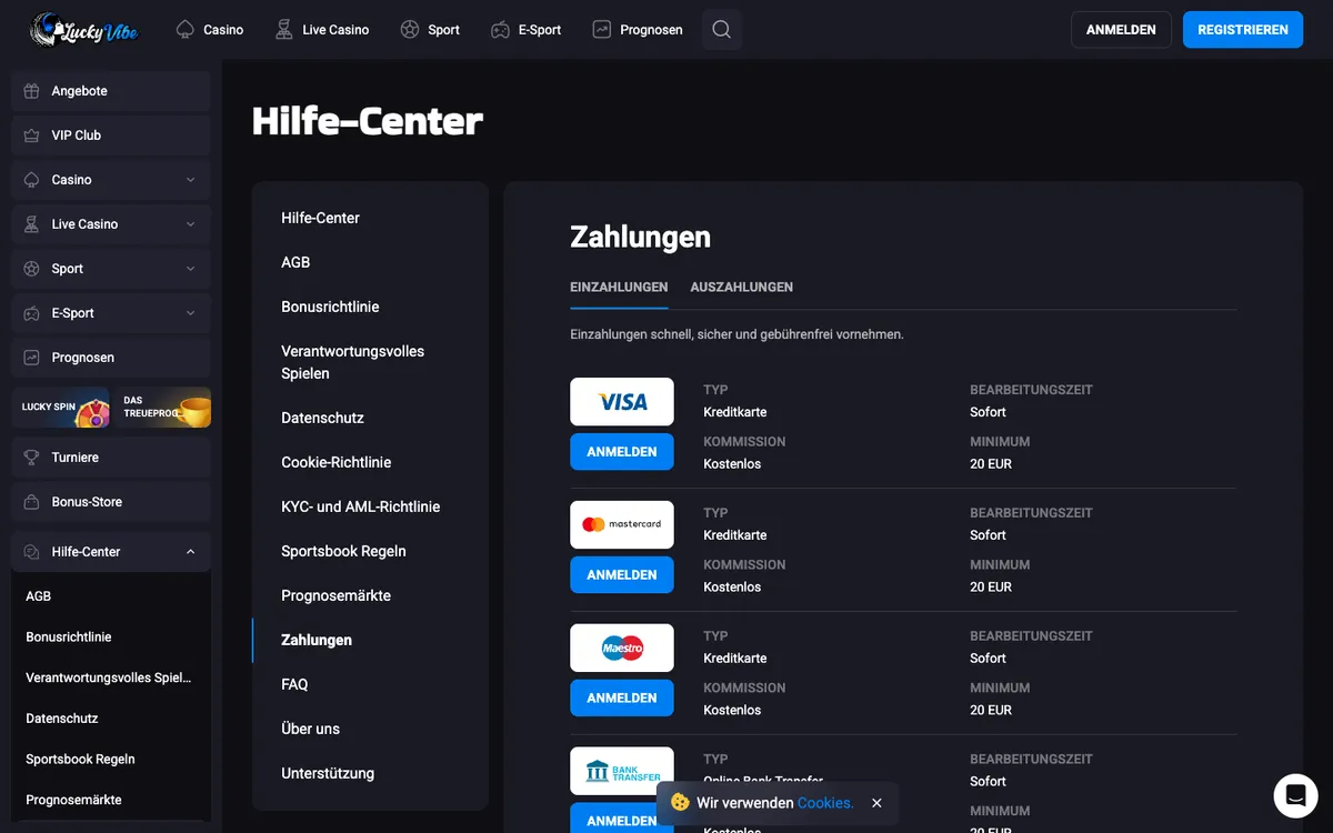 Lucky Vibe Casino — Payments, captured from Germany
