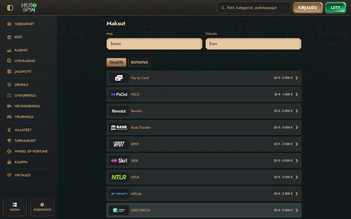 HeroSpin Casino — Payments, captured from Finland