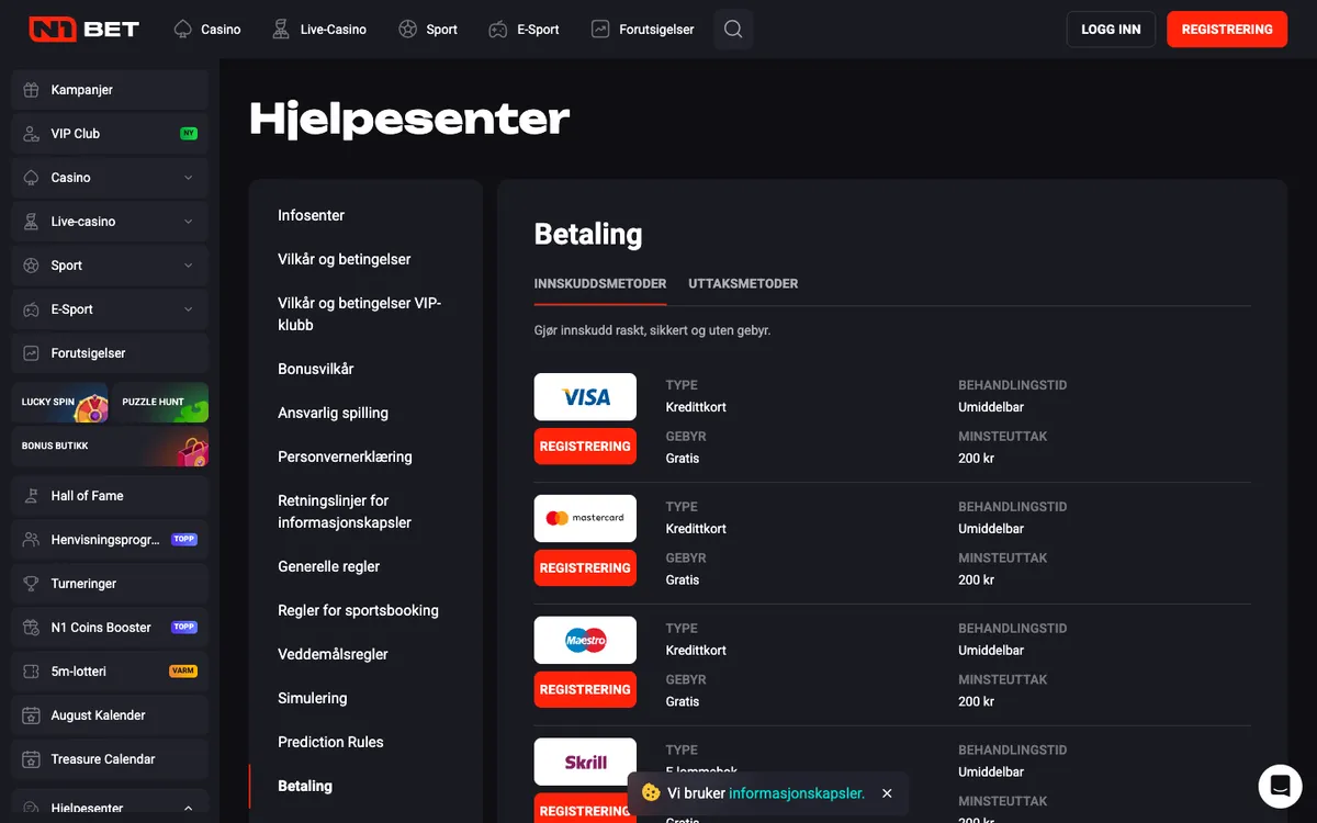 N1Bet Casino — Payments, captured from Norway