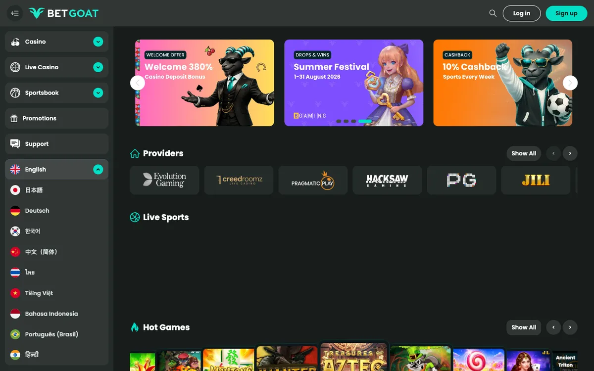 BetGoat Casino — Home page, captured from Japan
