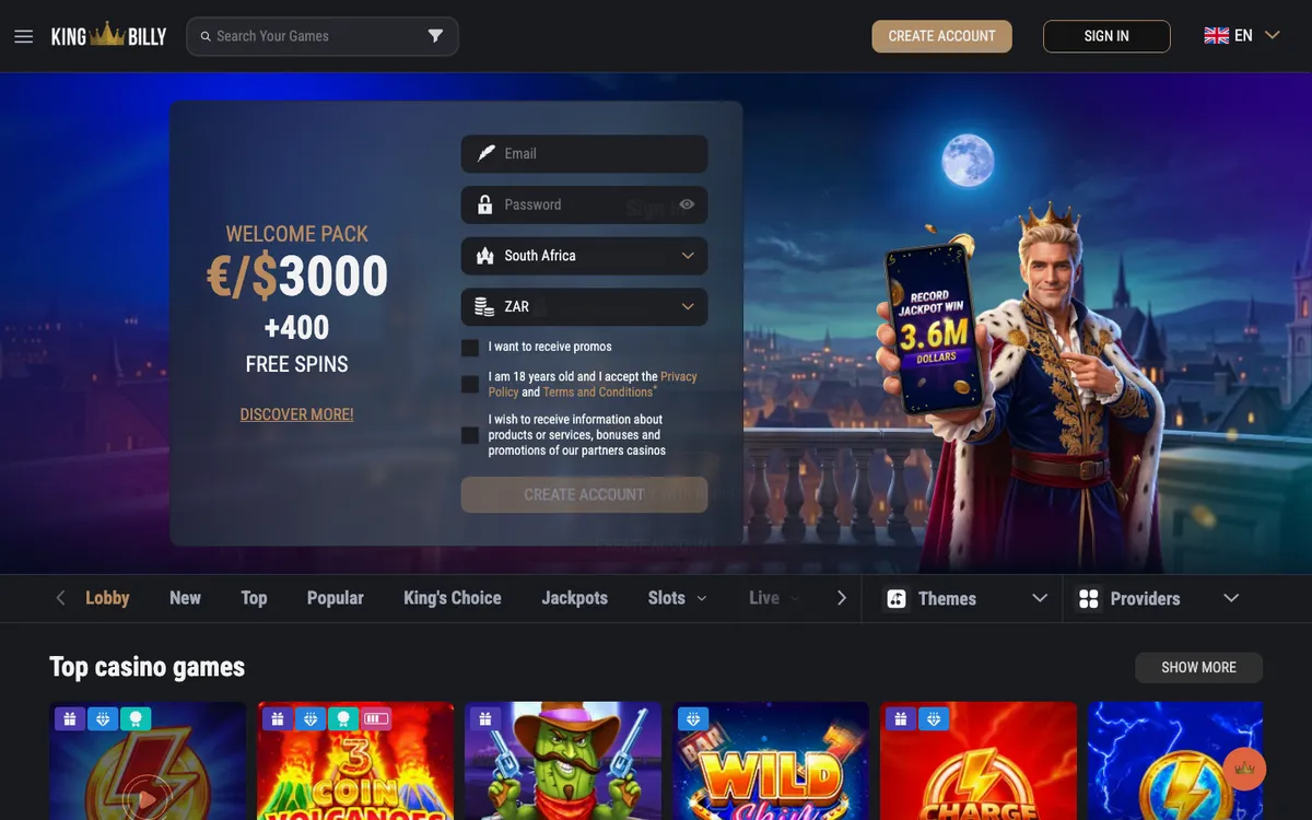 King Billy Casino — Sign-up, captured from South Africa