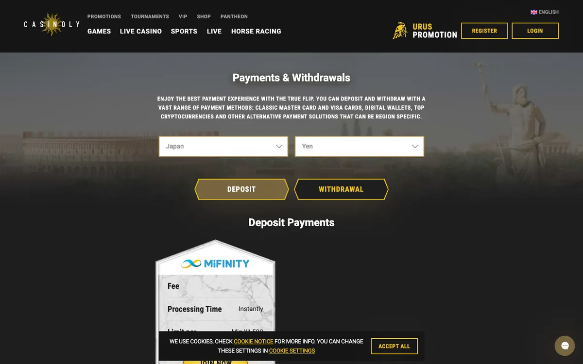 Casinoly Casino — Payments, captured from Japan