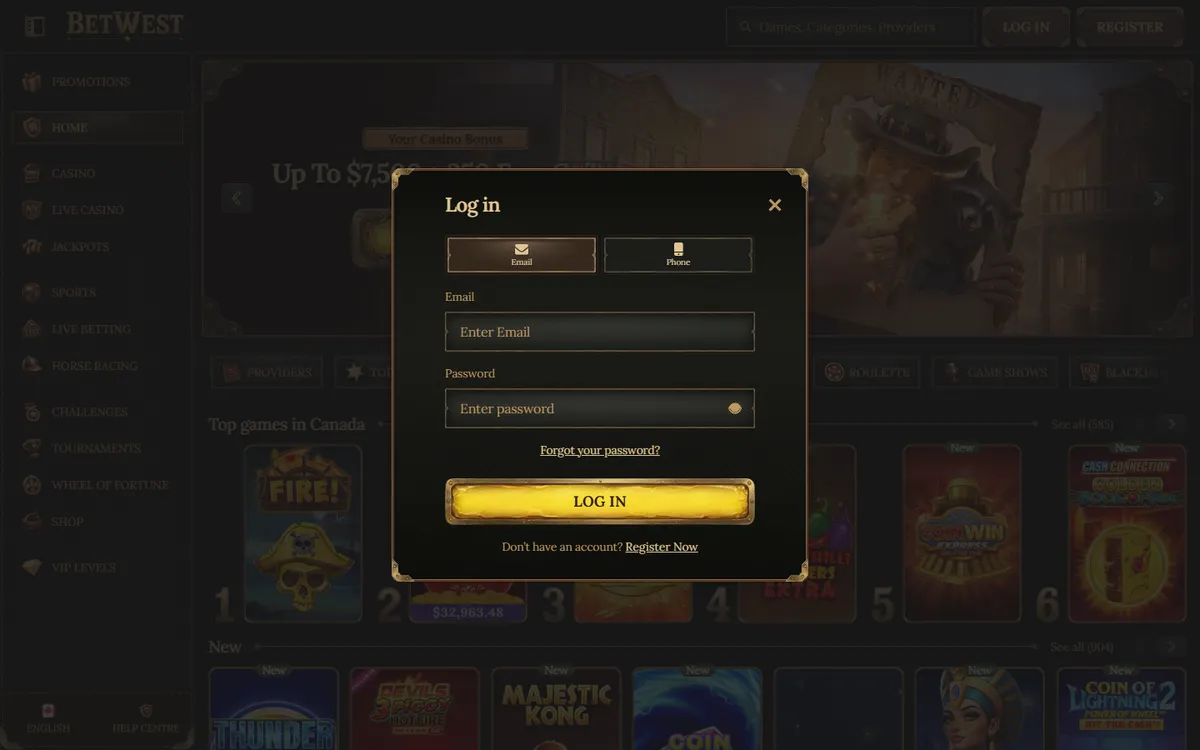 BetWest Casino — Sign-up, captured from Canada