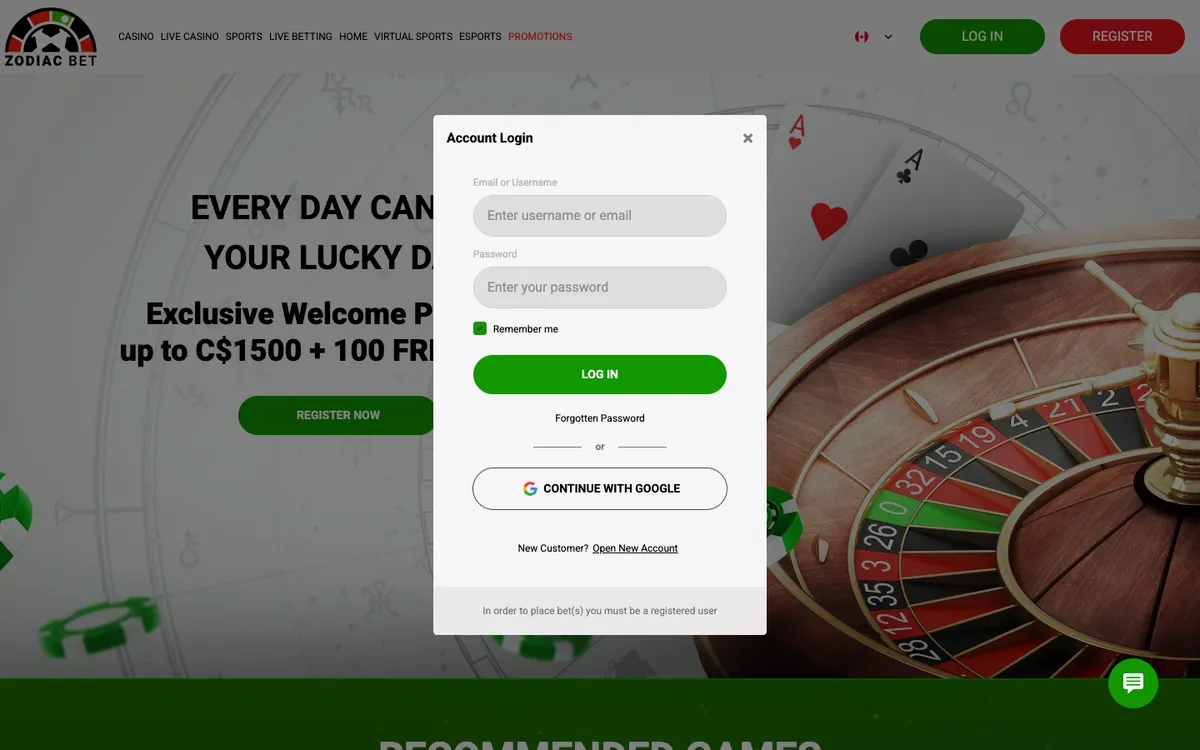 ZodiacBet Casino — Sign-up, captured from Canada