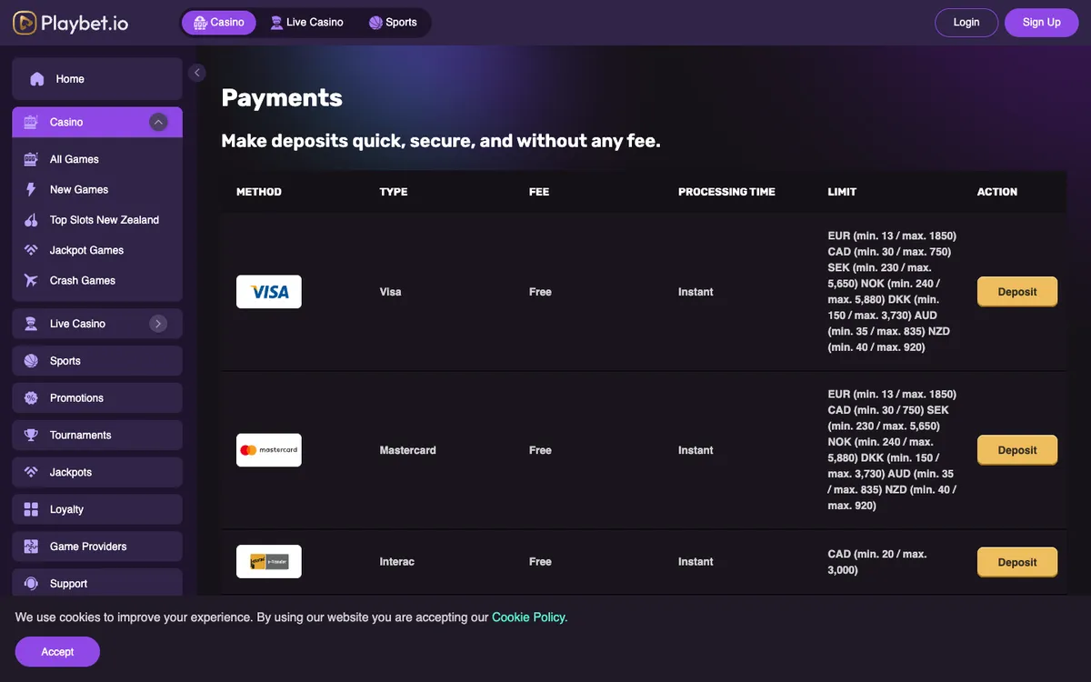 Playbet.io Casino — «Платежи», снято из страны Новая Зеландия