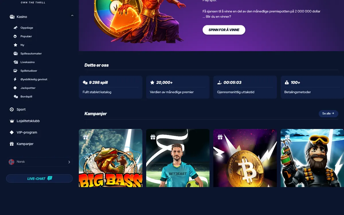 BetBeast Casino — Home page, captured from Norway