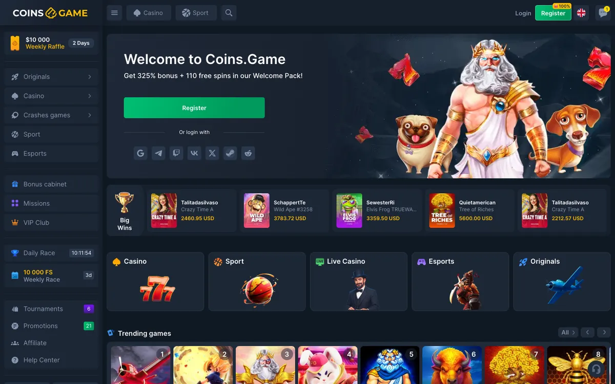 Coins Game Casino — Home page, captured from Nigeria