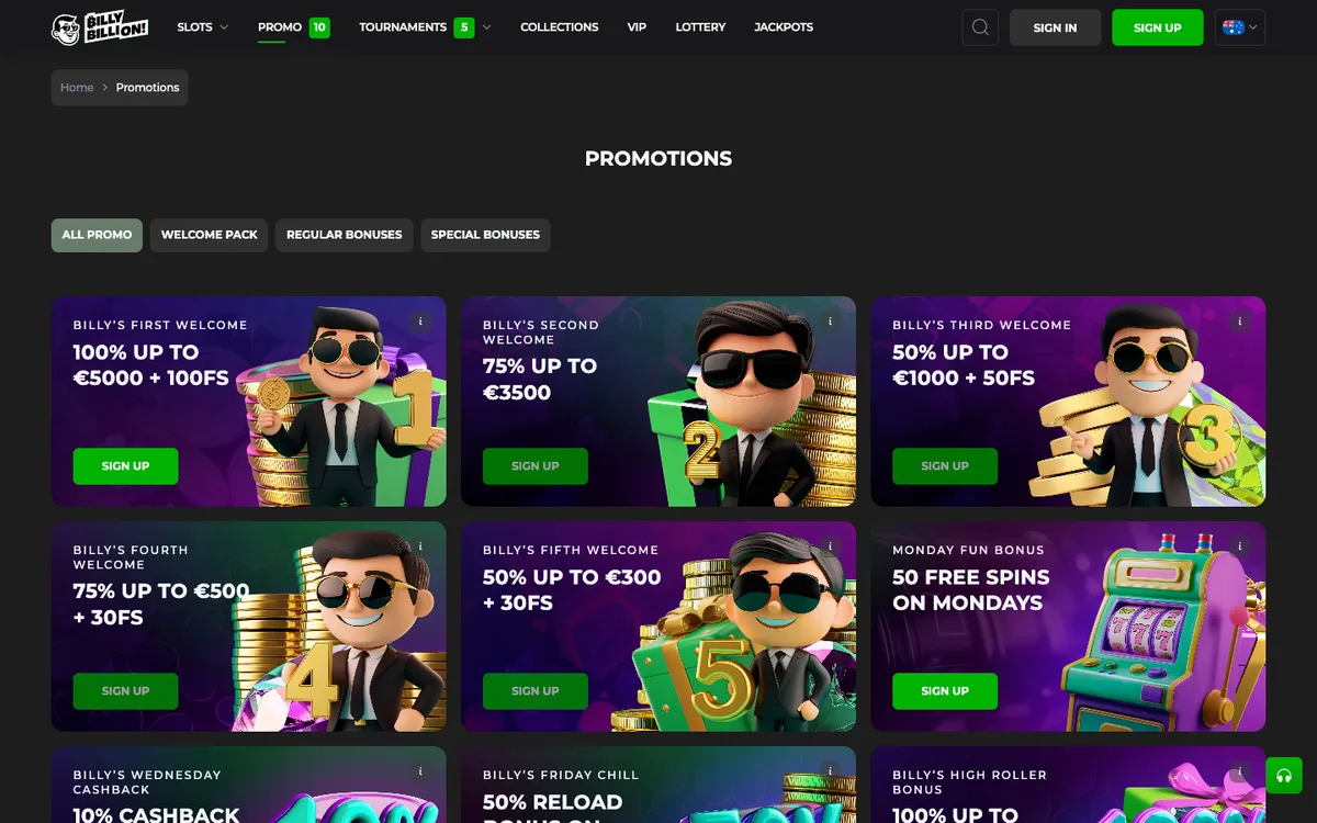 Billy Billion Casino — «Акции», снято из страны Австралия