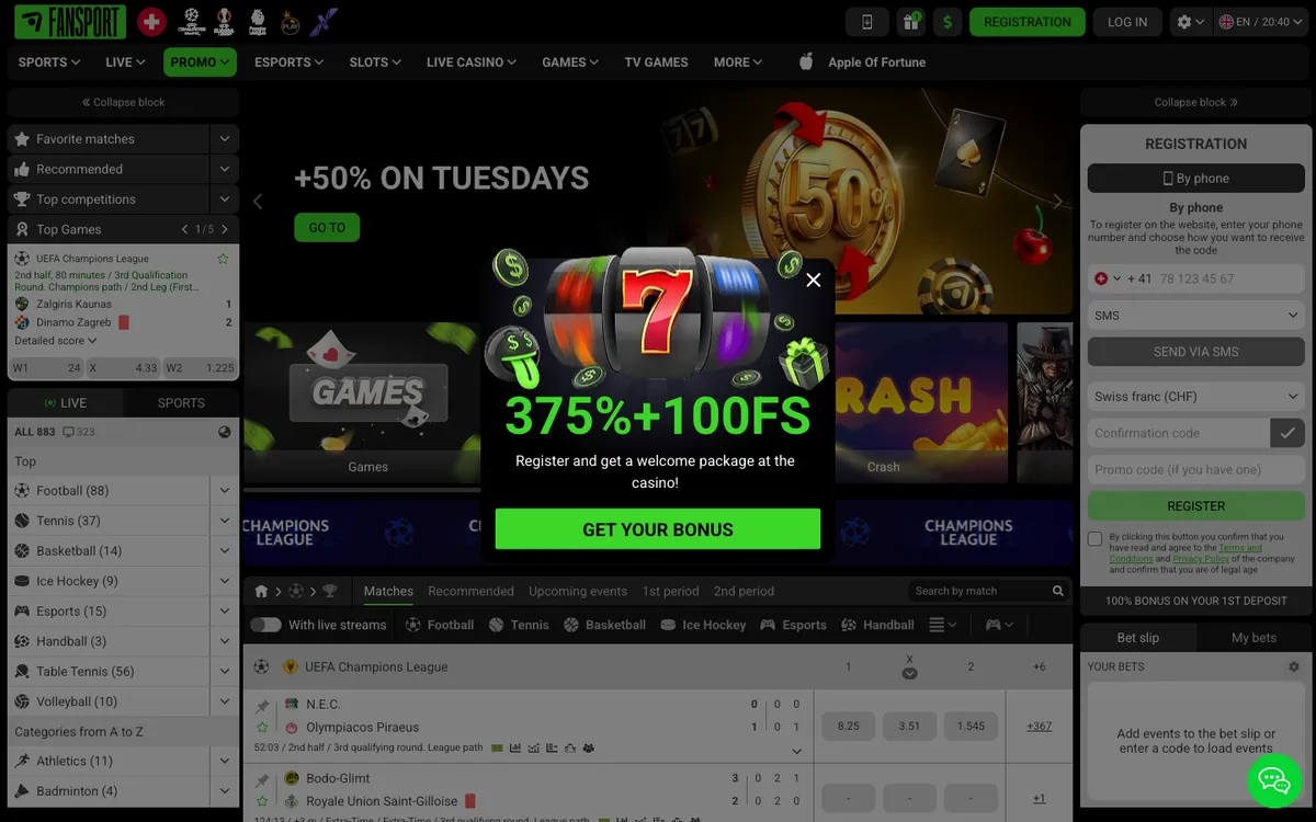 Fansport Casino — «Главная», снято из страны Швейцария