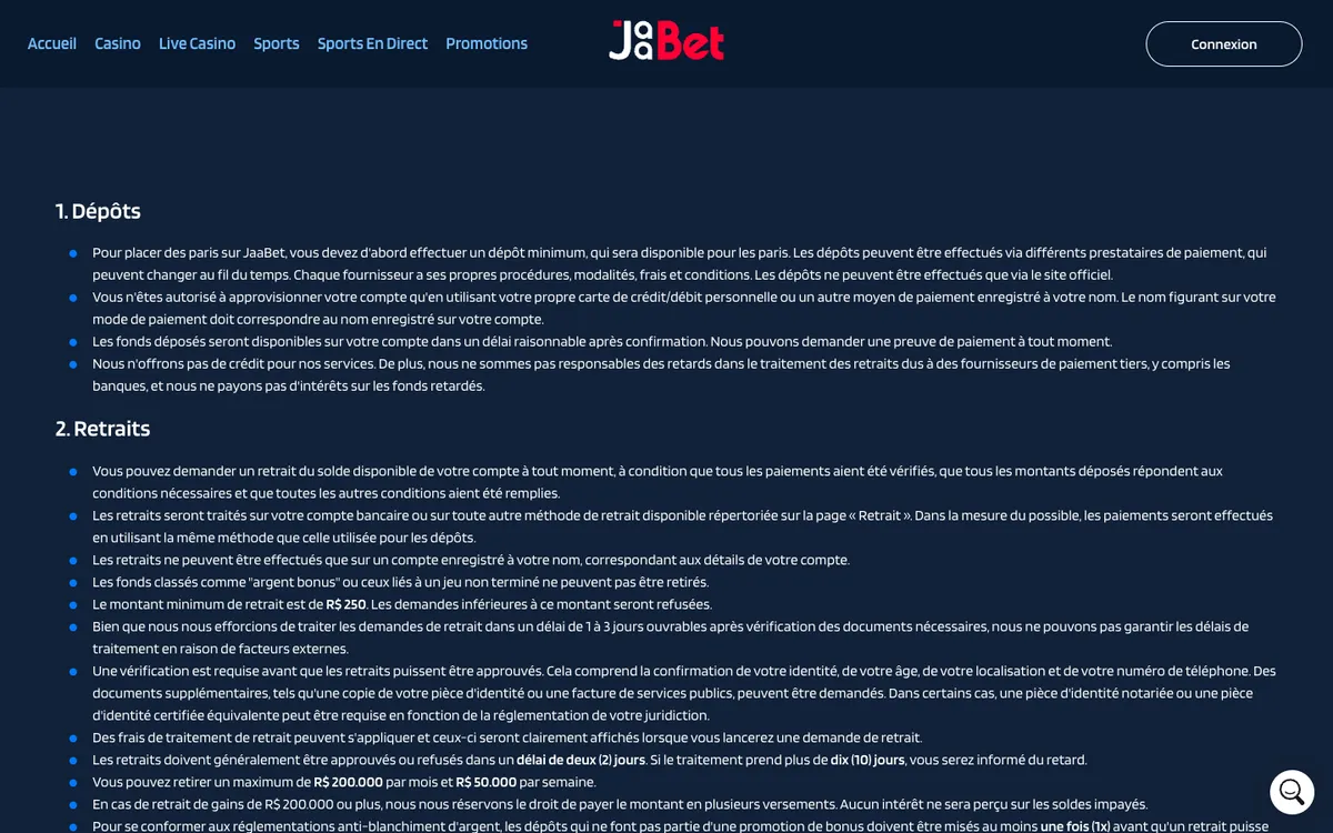 JaaBet Casino — Payments, captured from France