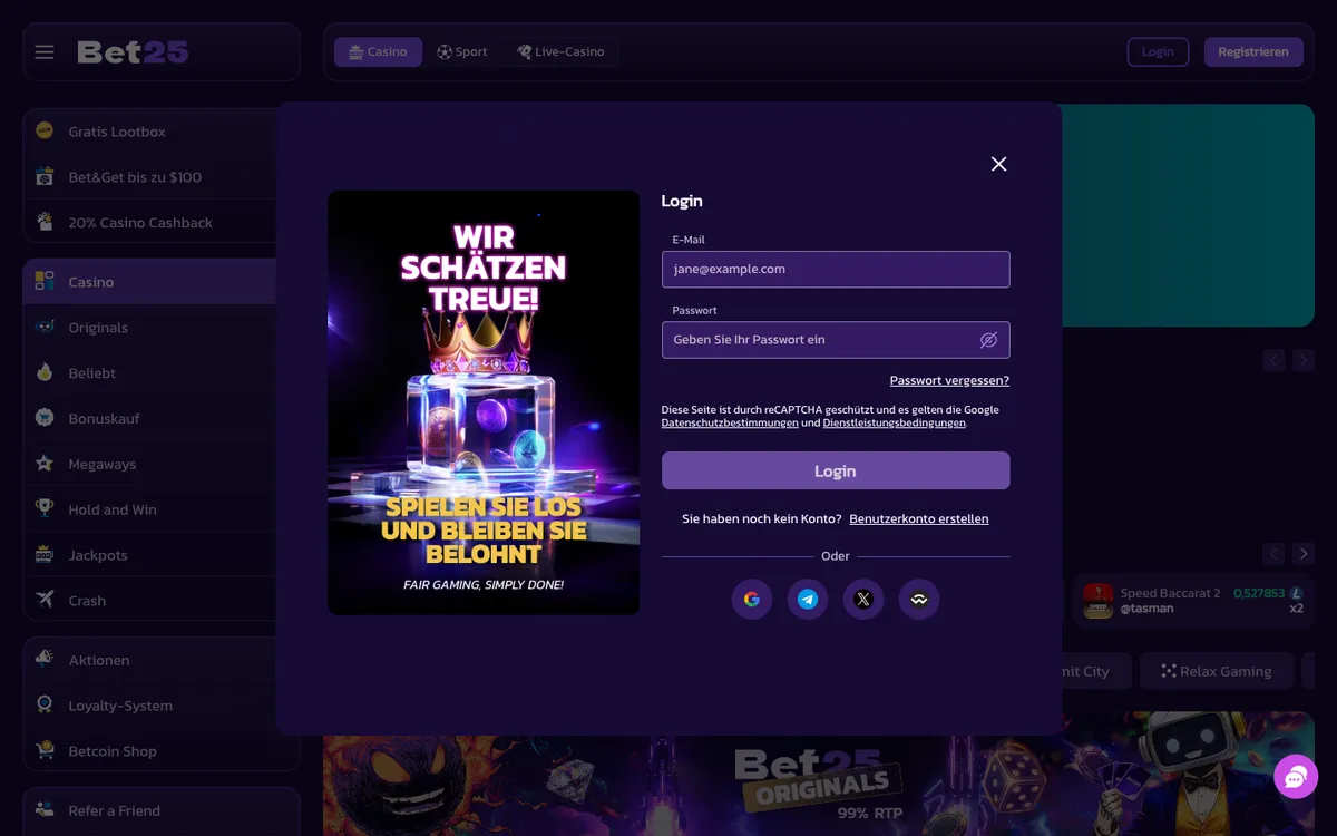 Bet25 Casino — Sign-up, captured from Austria