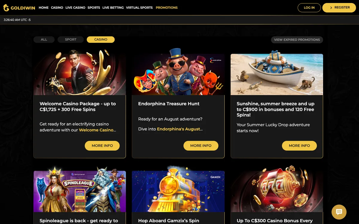 GoldiWin Casino — «Акции», снято из страны Канада