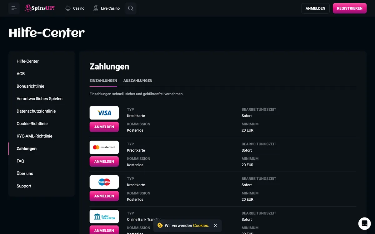 SpinsUP Casino — Payments, captured from Germany