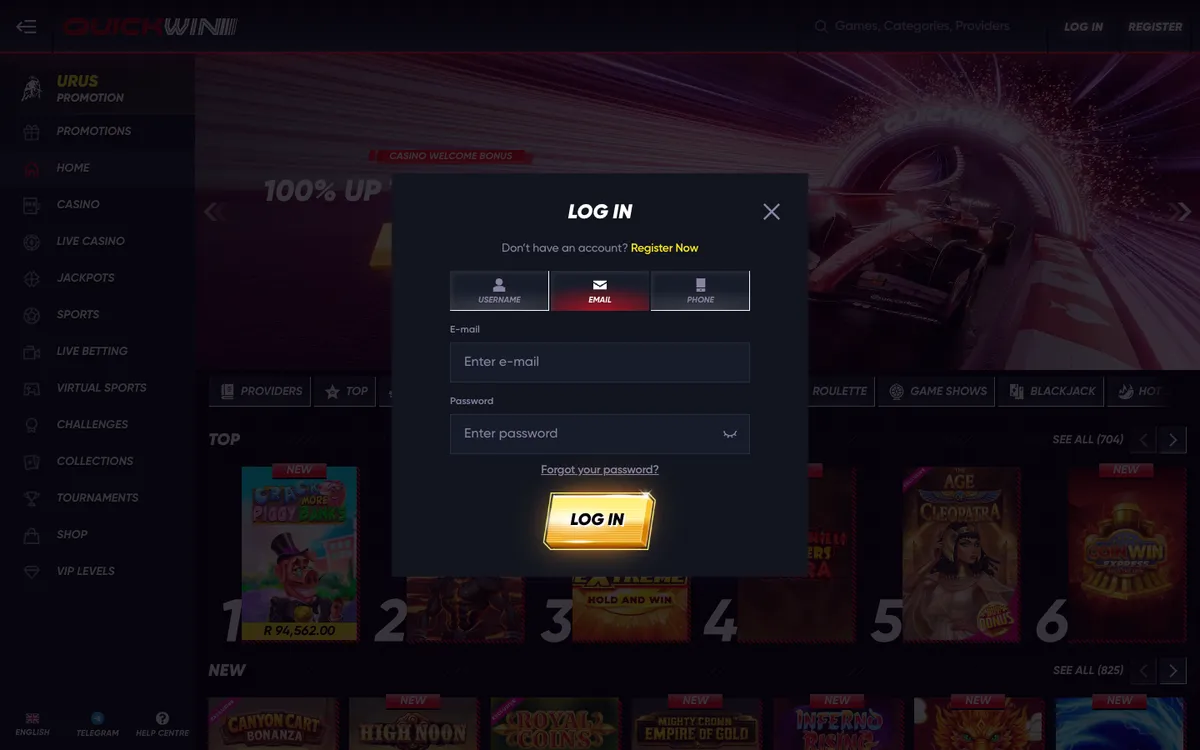 QuickWin Casino — Sign-up, captured from South Africa