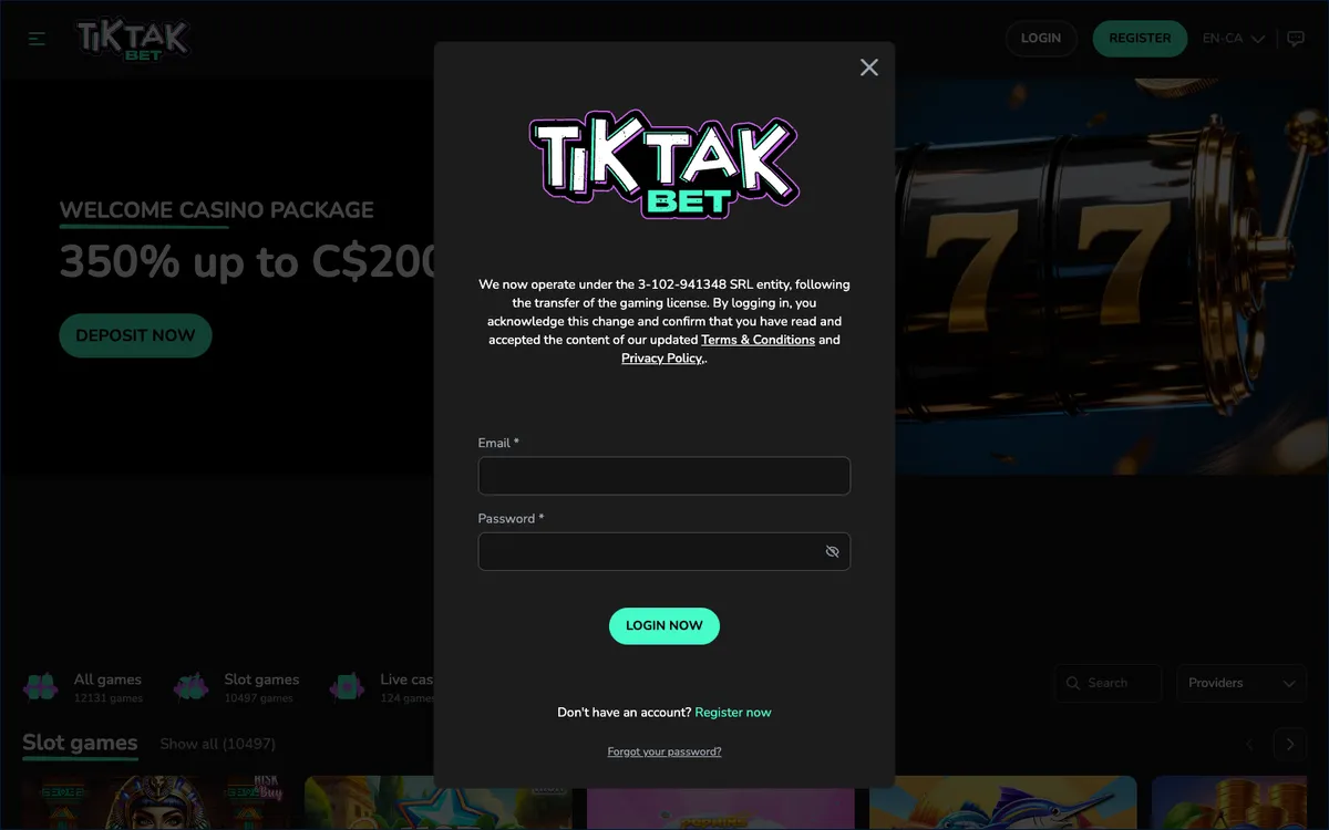 TikTak Bet Casino — «Регистрация», снято из страны Канада