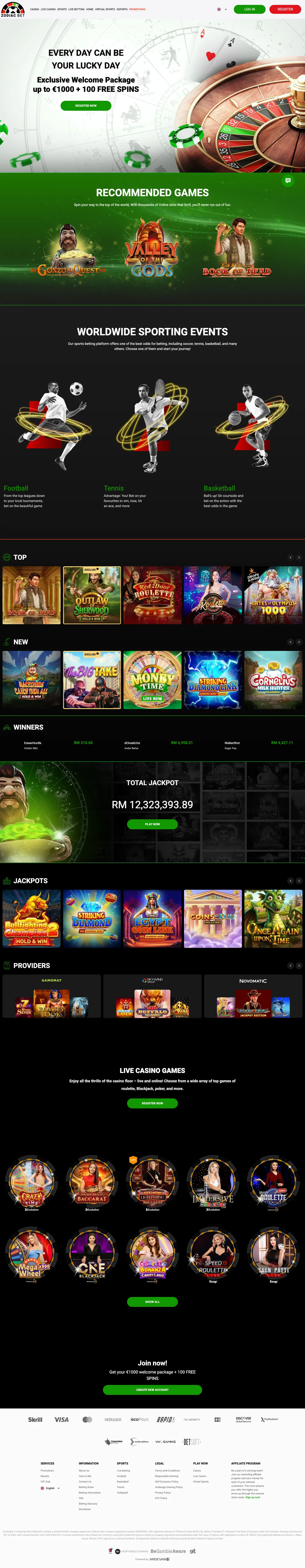 ZodiacBet Casino — Home page, captured from Malaysia