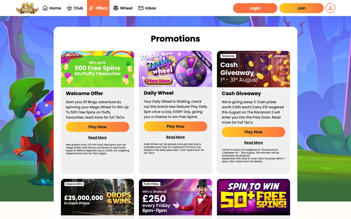 ElfBingo Casino — «Акции», снято из страны Великобритания