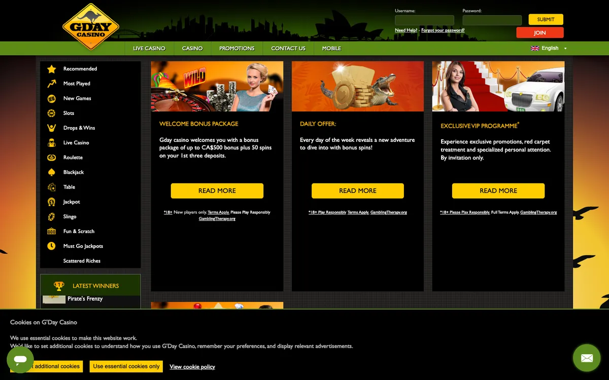 GDay Casino — Promotions, captured from Canada