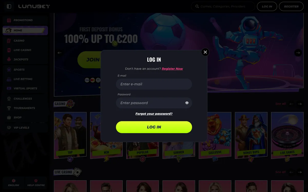 LunuBet Casino — «Регистрация», снято из страны Южно-Африканская Республика