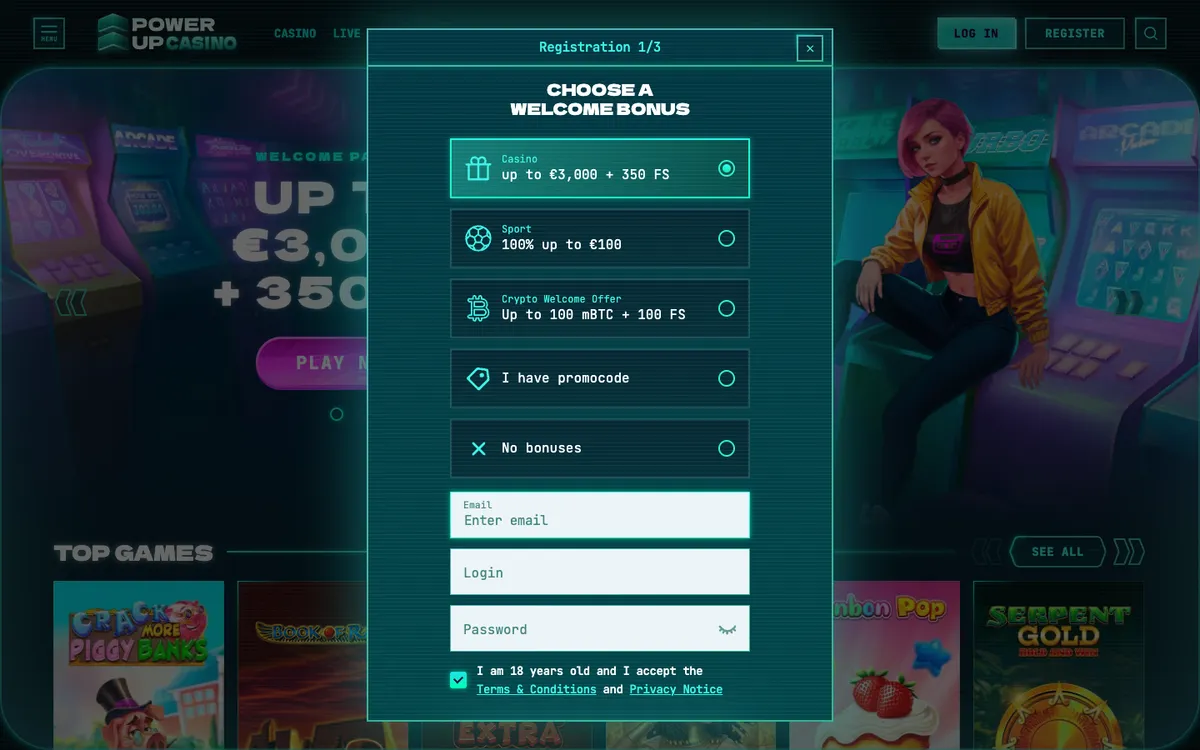 PowerUp Casino — «Регистрация», снято из страны Япония